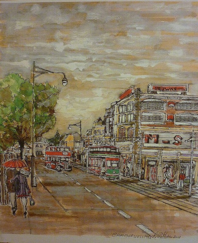 camberwell, tram, london, painting, couple, high street, 1950,