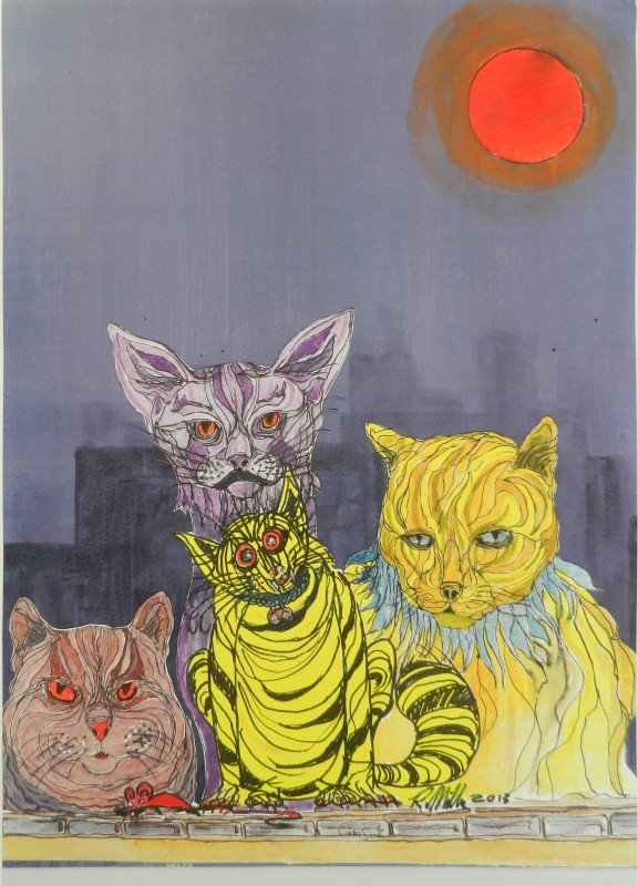 cats, moon, acrylic, cartoon,