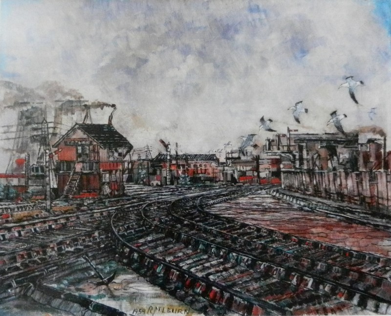 train, rail, tracks, signal box, poplar, london, seagulls, painting,