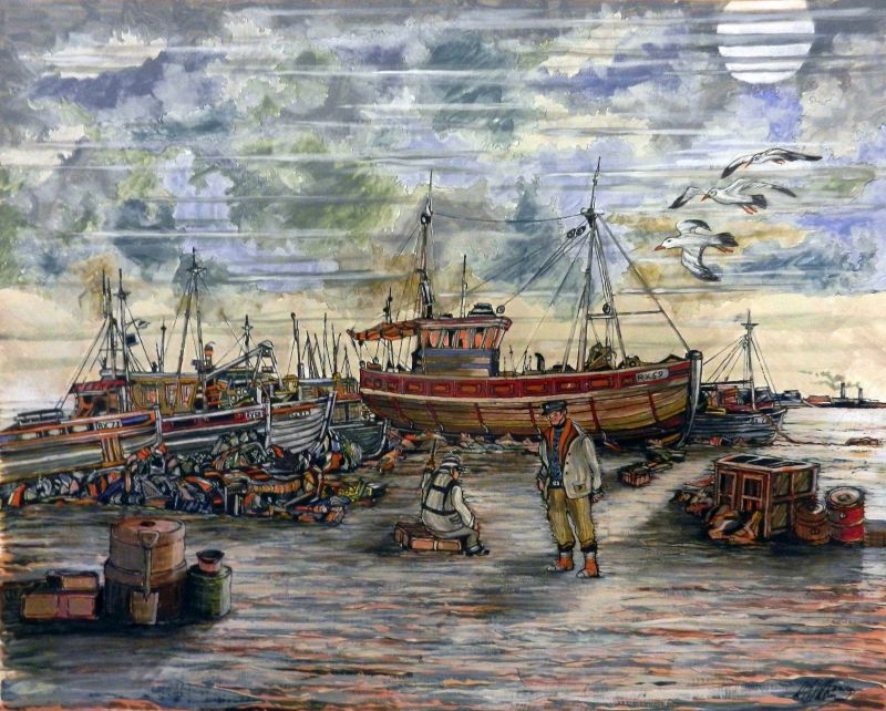 boats, fishermen, fishing boats, seagulls, birds, painting