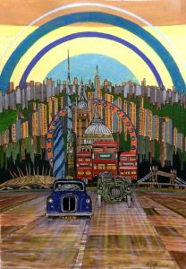 london, taxi, black cab, st. pauls, gherkin, rainbow, routemaster, 02 arena, tower bridge, surreal, painting,