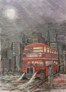 routemaster, red bus, double decker, london, moonlight, iconic, architecture, painting,