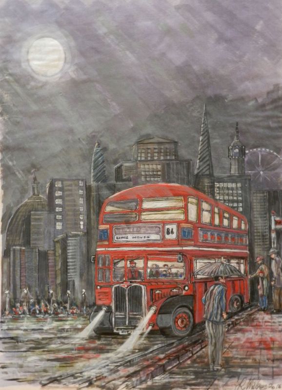 routemaster, red bus, double decker, london, moonlight, iconic, architecture, painting,