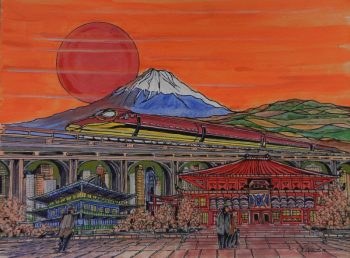 japan, mount fuji, Chashitsu, tea house, bullet train, bridge, painting,