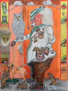 painting, old man, owl, rats, spiders, cat, dog,