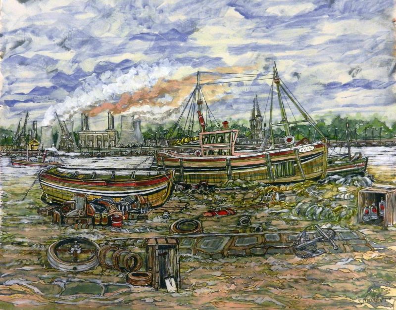 sea jade, fishing boat, london, thames, battersy power station, london, painting,