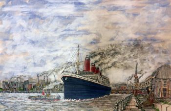 Titanic, southampton Port, berth 44, white star dock, tug boat, steam ship, painting,