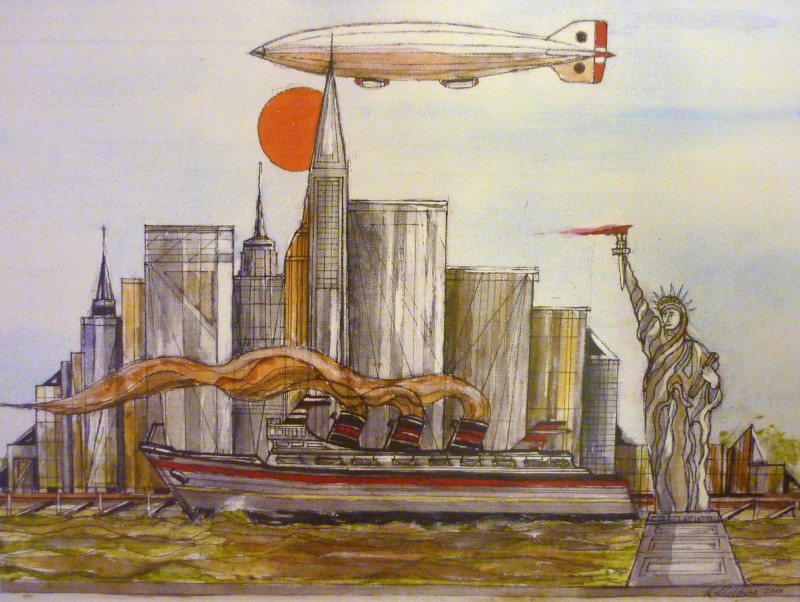 Statue of Liberty, Steam ship, zeppelin, airship, cityscape, sun, new york,