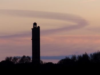 sway, sway tower, folly, lymington, sunset, red, pink, silhouette, photo, photograph, tree, moody, landscape, clouds,